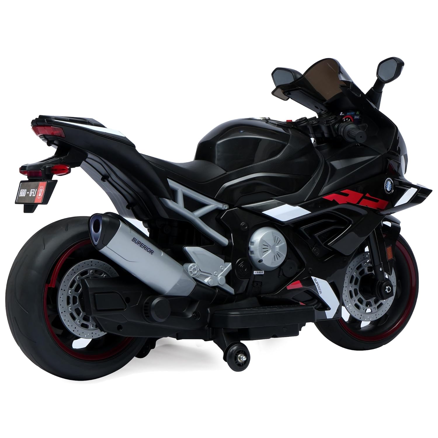 Kids' large black electric ride-on sport motorcycle with 12V 8Ah battery, dual 45W motors, and red training wheels. www.usmile.toys